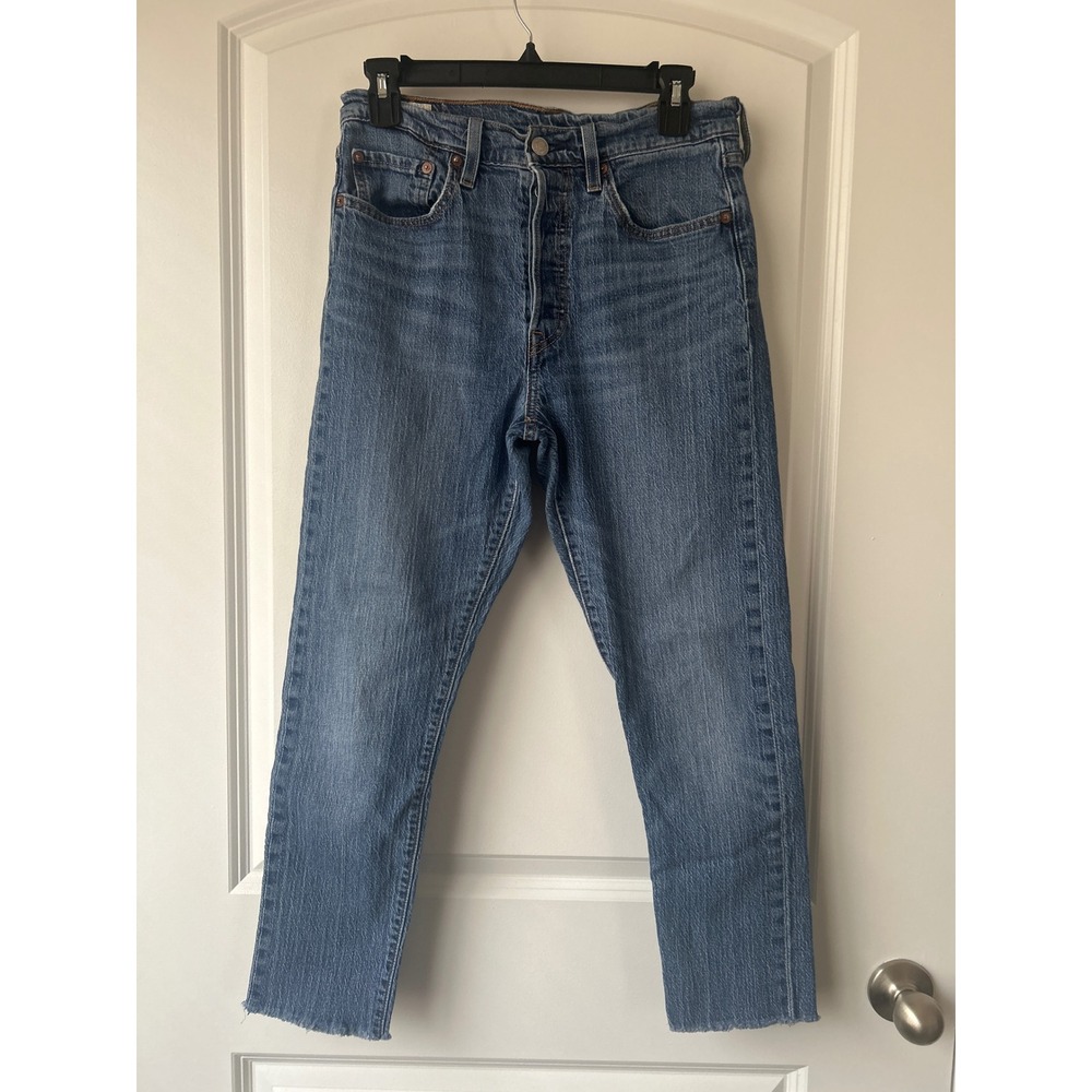 Levis Premium 501 Skinny Jeans Medium Wash Raw Hem High Rise Denim 29x26